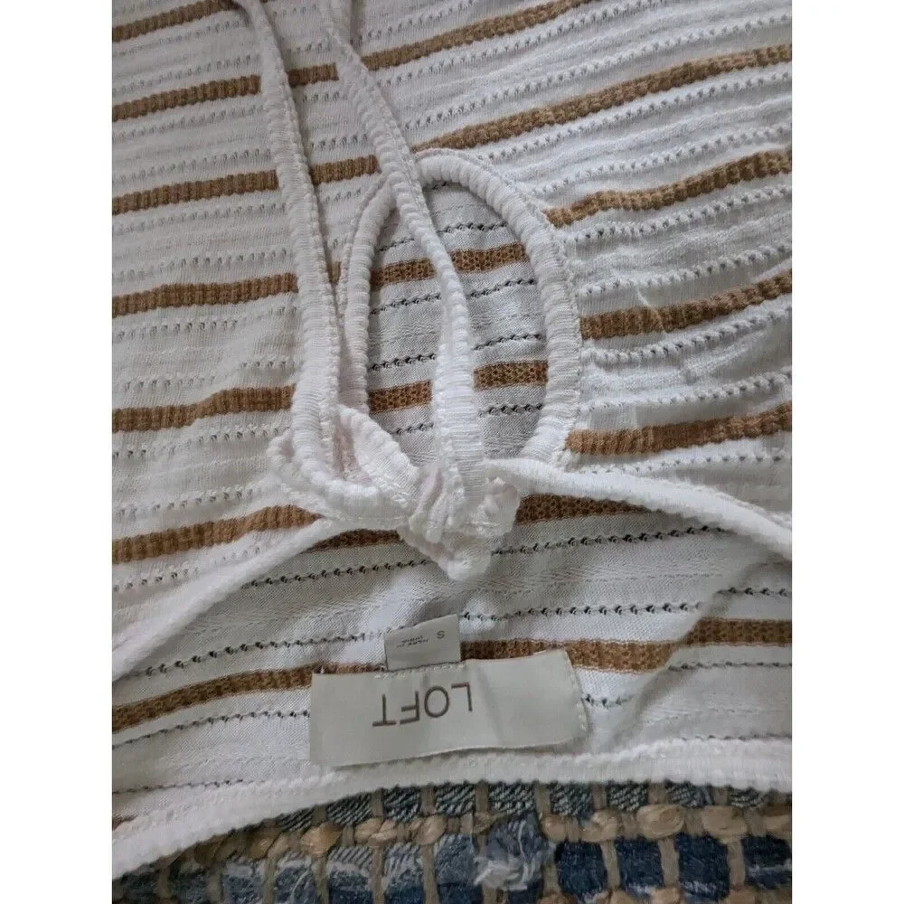 Striped Jacquard Tie Keyhole Ruched Sleeve Top Whisper White Golden Brown Quiet